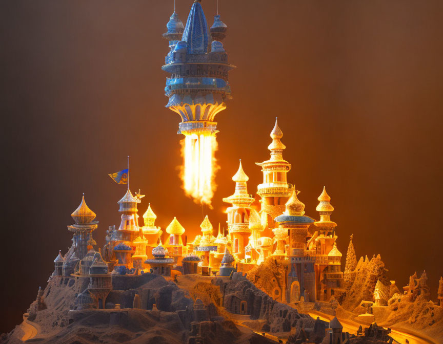 Detailed Sandcastle with Orange Glow and Tower Lights