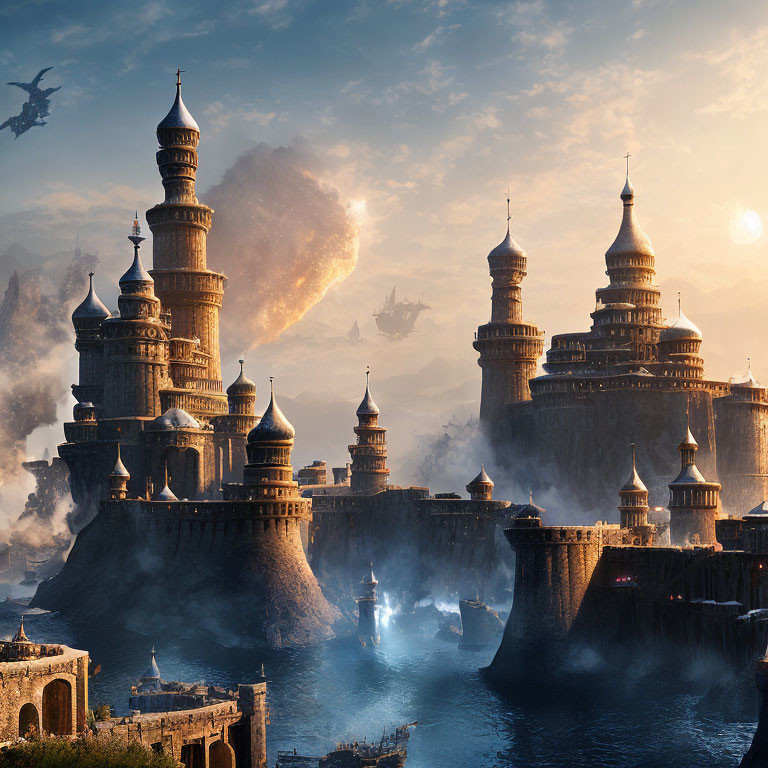 Majestic castles, ships, and dragons in fantasy landscape