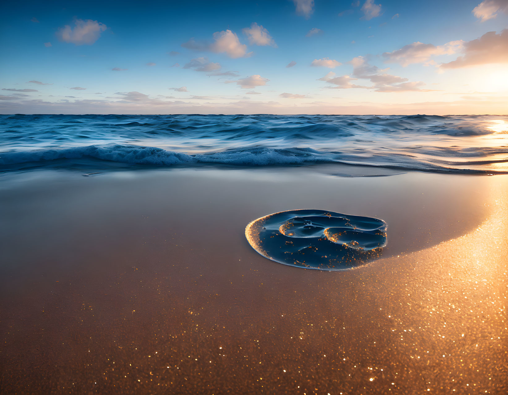 Scenic beach sunset with waves and reflective puddle on sand