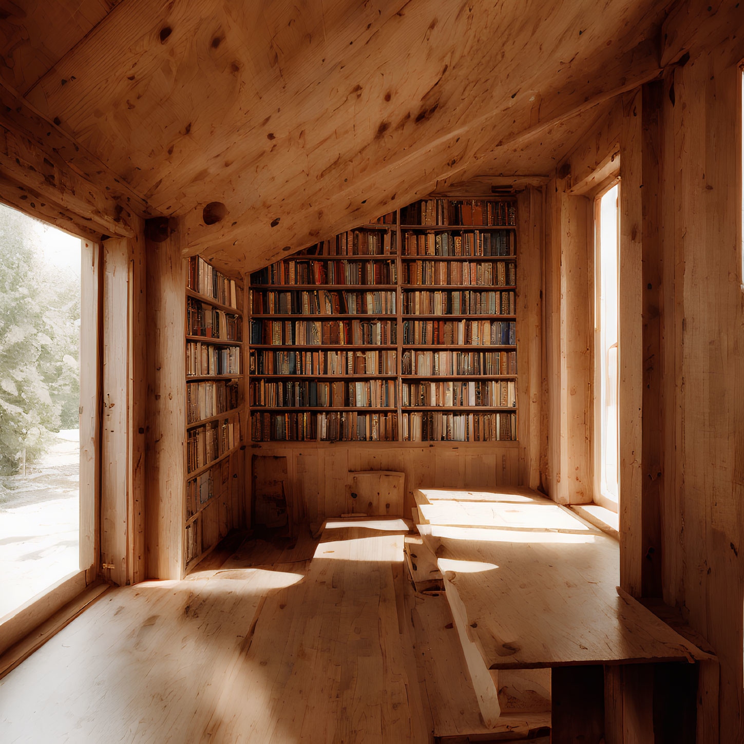 Warm Wooden Interior with Large Bookshelf and Sunlit Windows