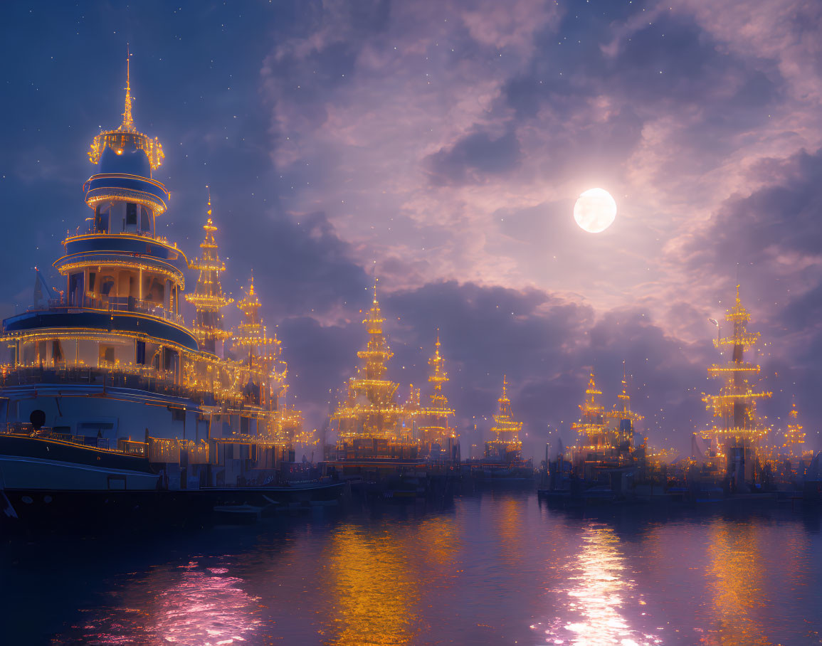 Luminous waterfront city with full moon and pagoda-style buildings