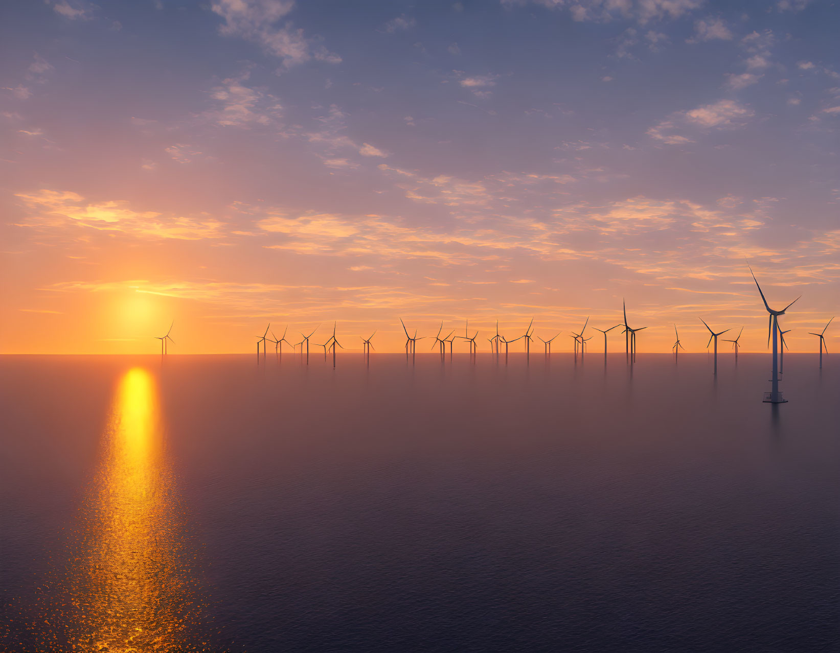 Scenic sunset view of offshore wind farm on calm sea