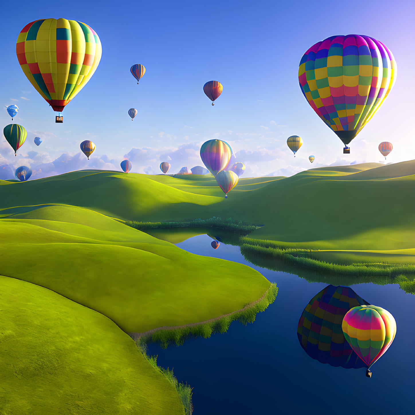 Vibrant hot air balloons over serene landscape with green hills & reflective lake