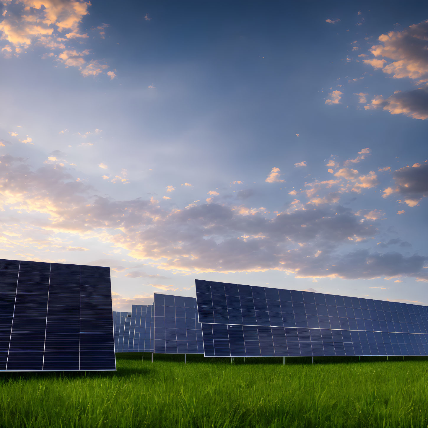 Green field with solar panels under dramatic sunset sky