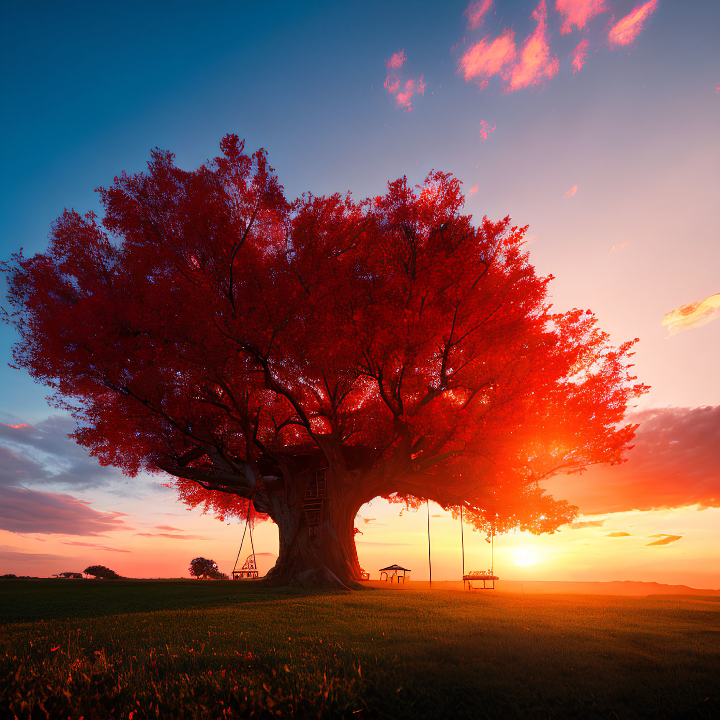 Vibrant sunset sky with majestic red tree, swings, and bench