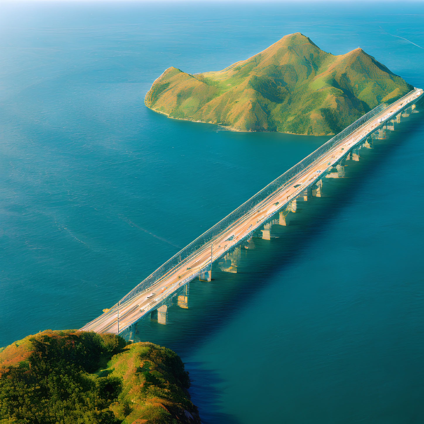 Long bridge over blue water connecting hilly peninsula to mountainous landscape