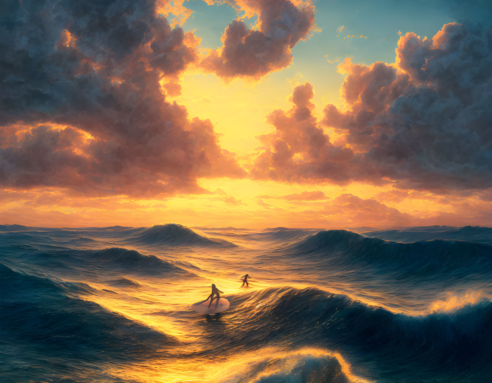 Majestic ocean scene: Two surfers under dramatic sunset sky