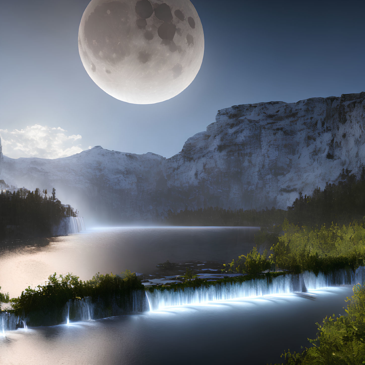 Detailed Moon Over Misty Forest, Mountains, Waterfalls & Lake