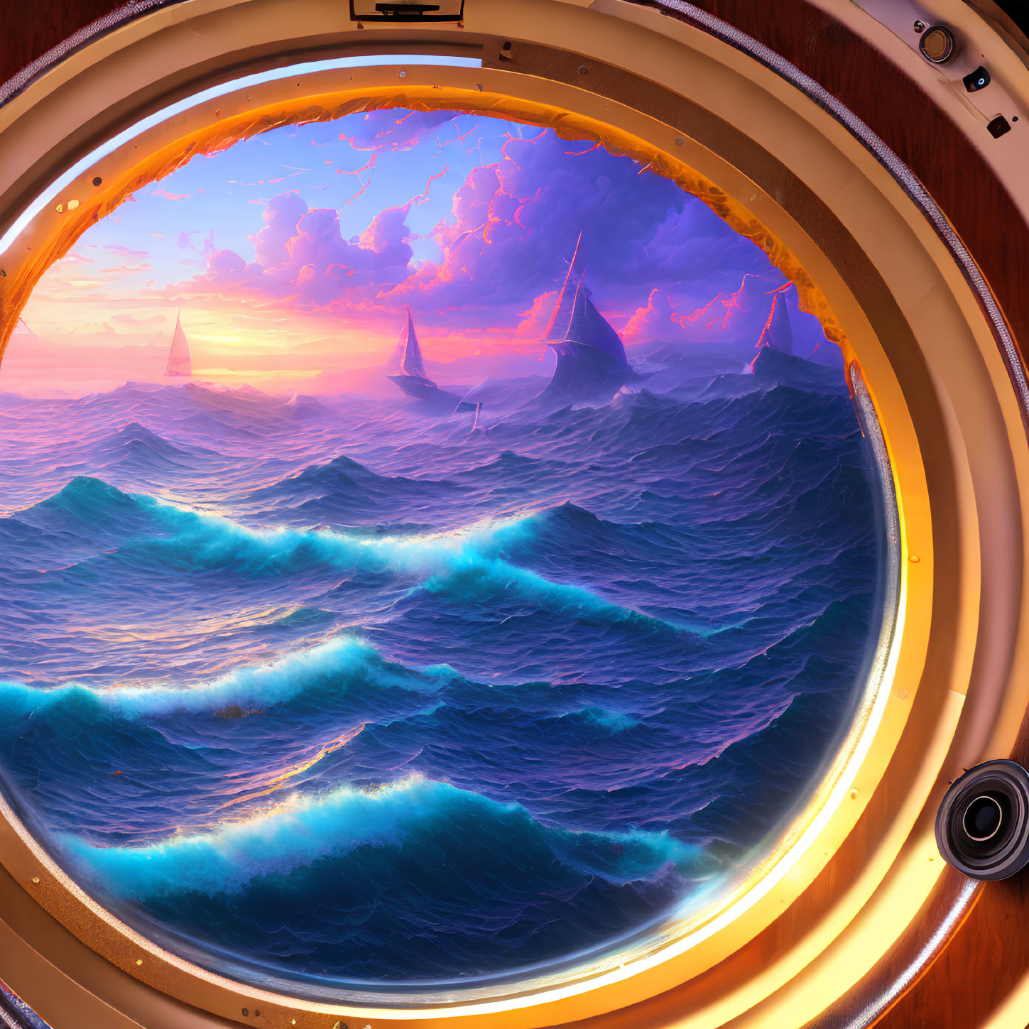 Sunset view from ship porthole: glowing ocean waves, distant sailing ships, dramatic sky with