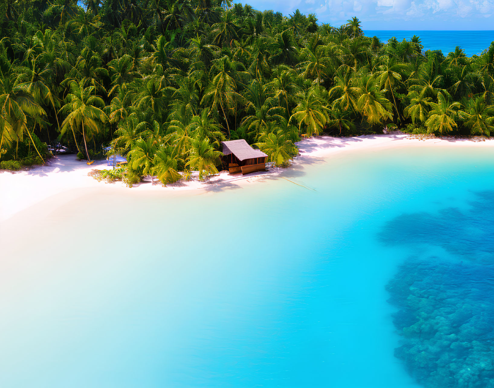 Secluded Hut in Tropical Palm Beach with Turquoise Waters