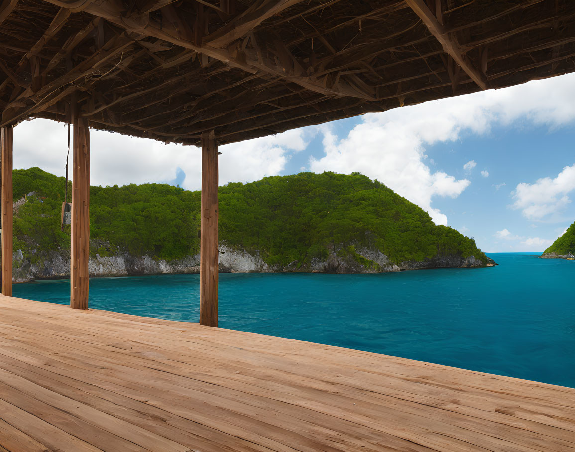 Thatched roof wooden deck with sea view and green hills