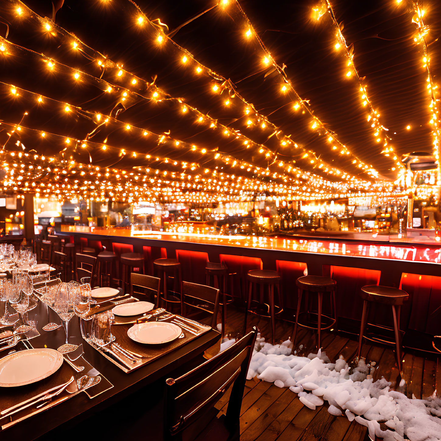 Nighttime outdoor dining area with string lights, bar, red stools, and dinner tables.