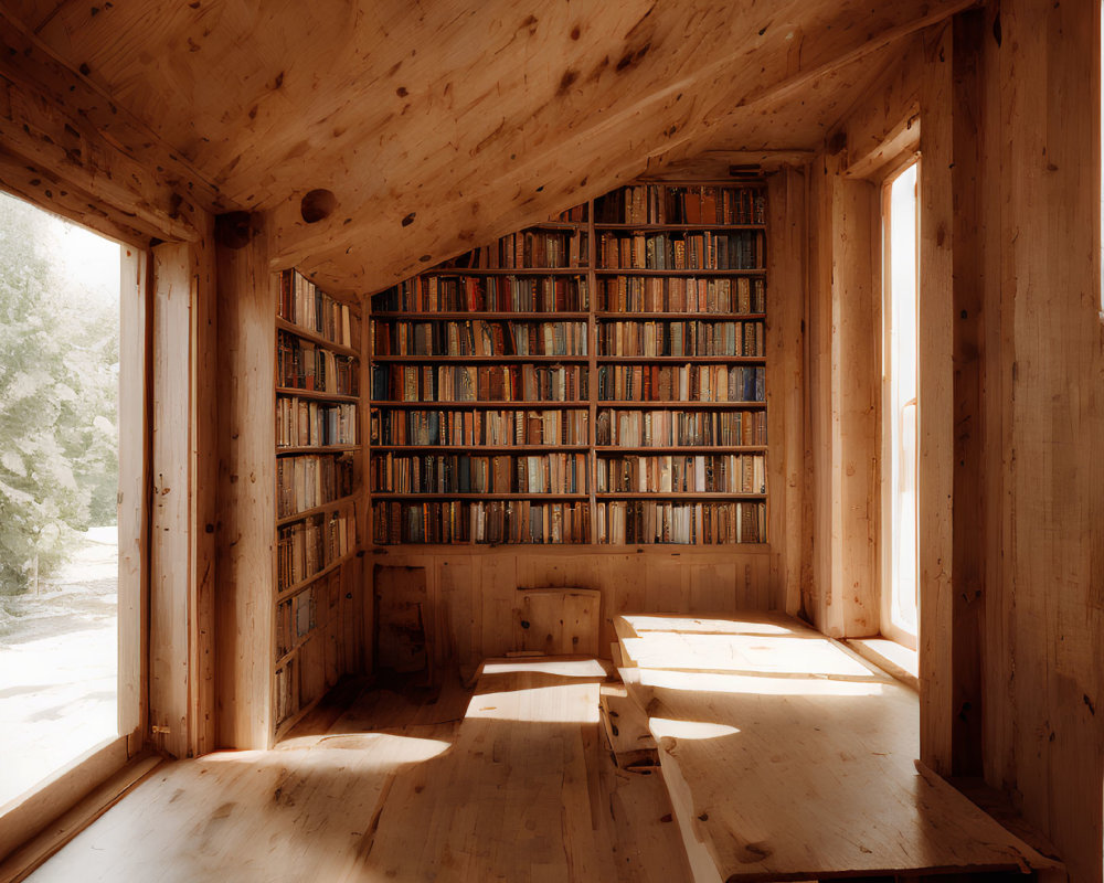 Warm Wooden Interior with Large Bookshelf and Sunlit Windows