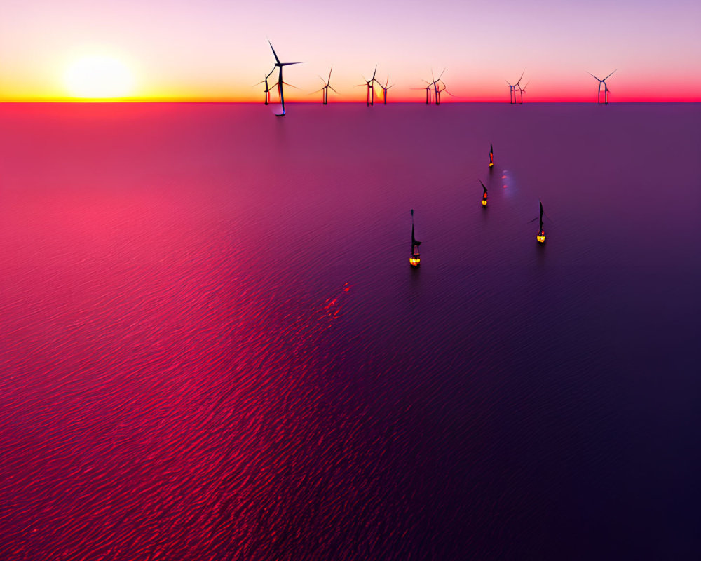 Scenic offshore wind turbines at sunset with boats on calm sea