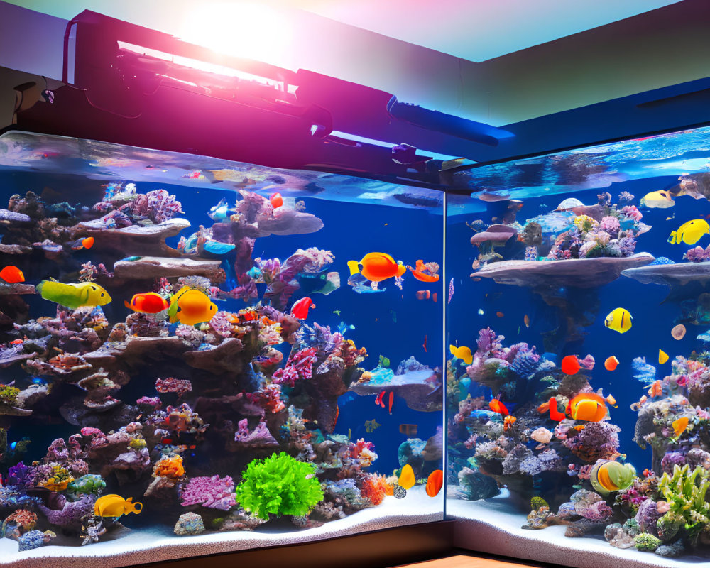 Colorful Coral and Tropical Fish in Brightly Lit Home Aquarium