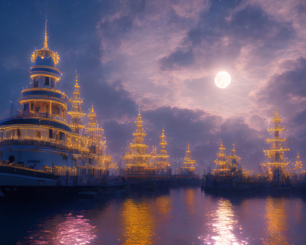 Luminous waterfront city with full moon and pagoda-style buildings