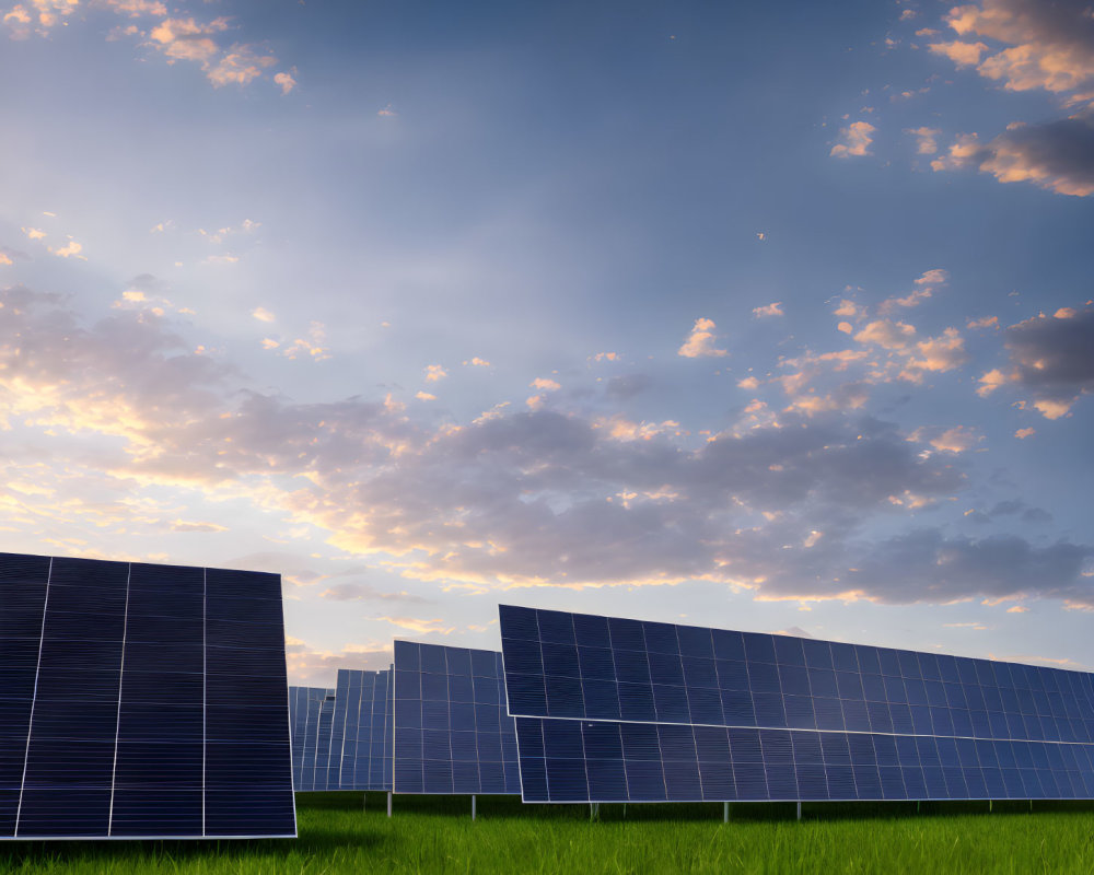 Green field with solar panels under dramatic sunset sky