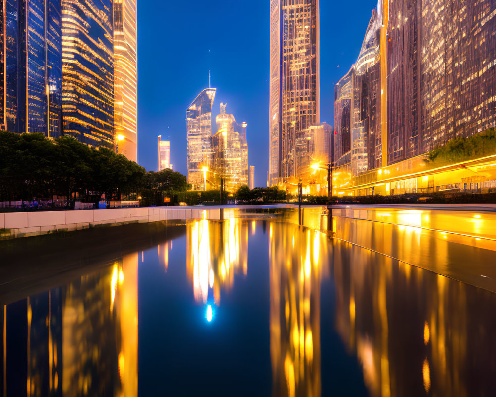 Cityscape with skyscrapers reflected in water at twilight, vibrant blue and orange lights.