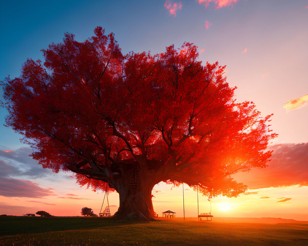 Vibrant sunset sky with majestic red tree, swings, and bench