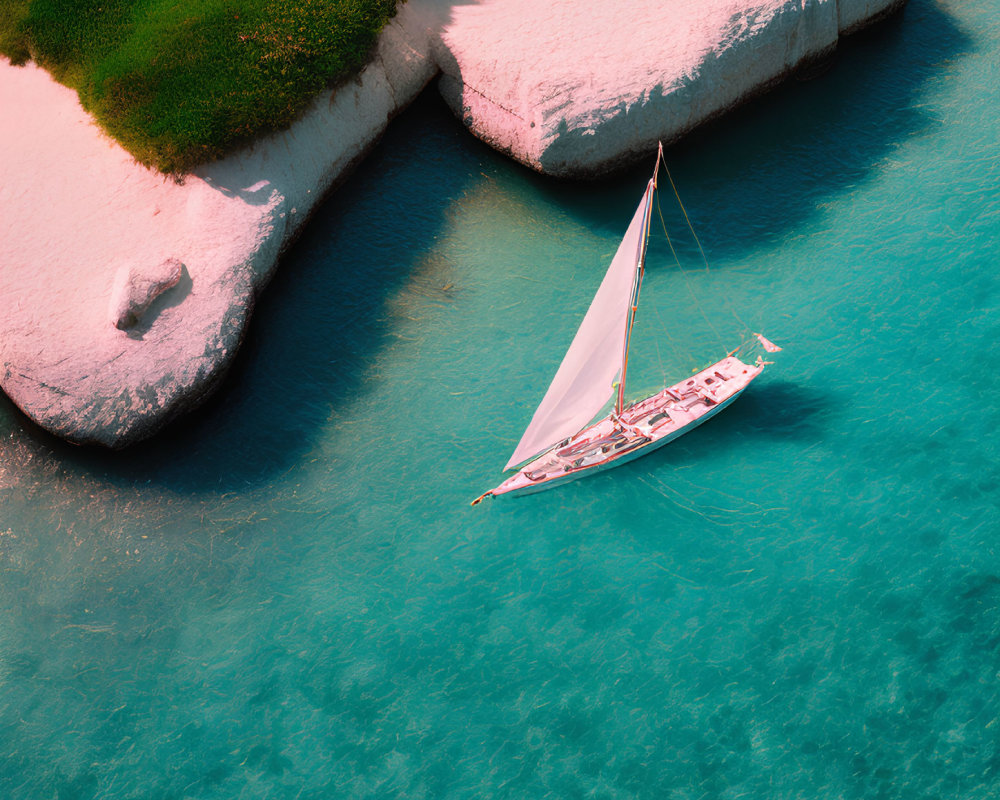 White sail sailboat navigating turquoise waters near pink shores with greenery