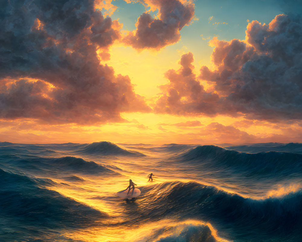 Majestic ocean scene: Two surfers under dramatic sunset sky