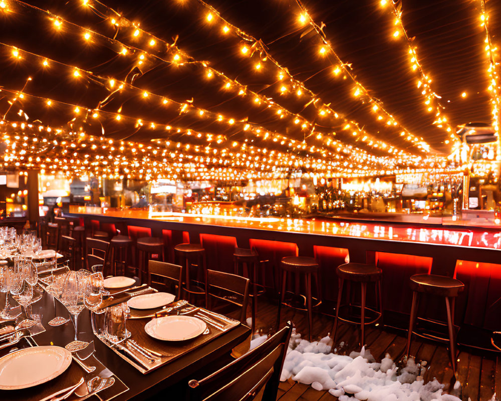 Nighttime outdoor dining area with string lights, bar, red stools, and dinner tables.