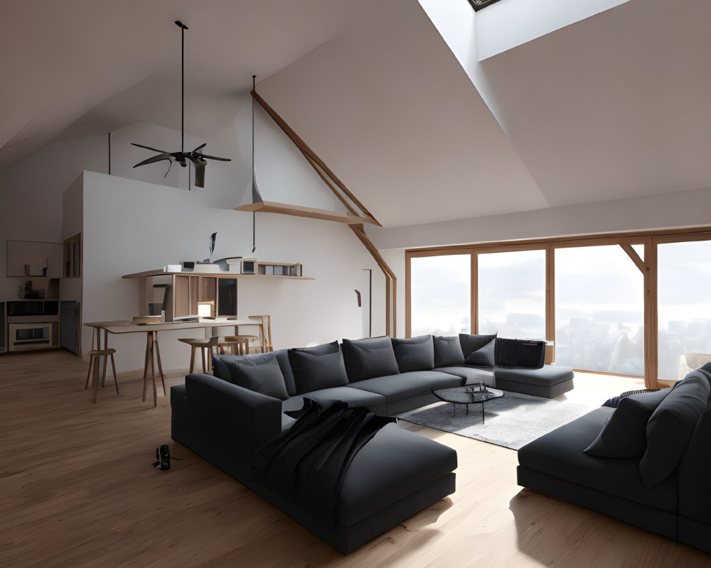 Contemporary living room with sectional sofa, wooden floors, pitched ceiling, skylights, and city