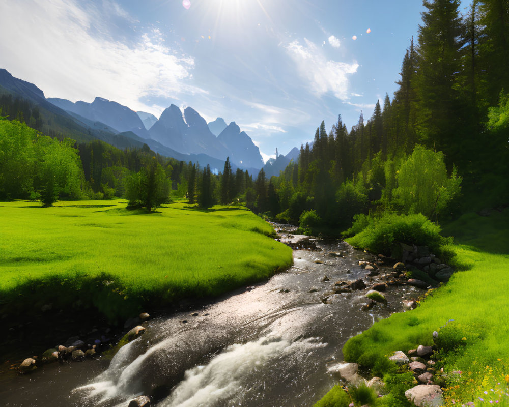 Scenic landscape: vibrant meadow, clear river, majestic mountains