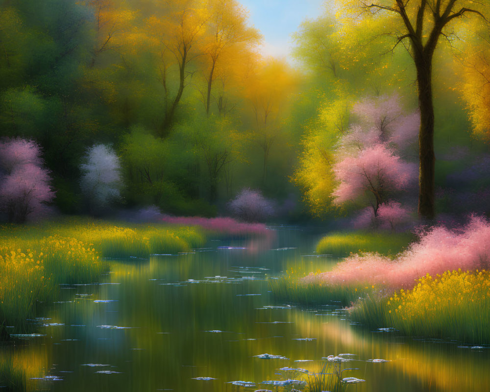 Tranquil spring landscape with blooming trees, wildflowers, river, and glowing sunlight