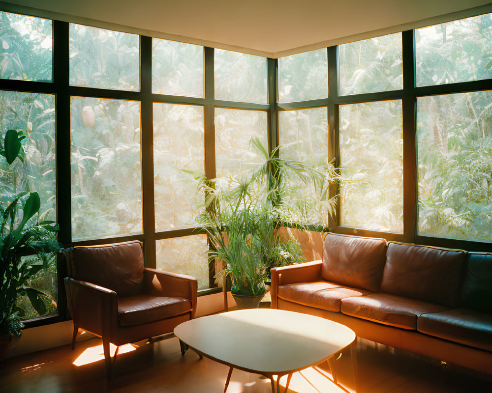 Sunlit room with glass walls, brown leather sofa, armchair, white coffee table & lush green