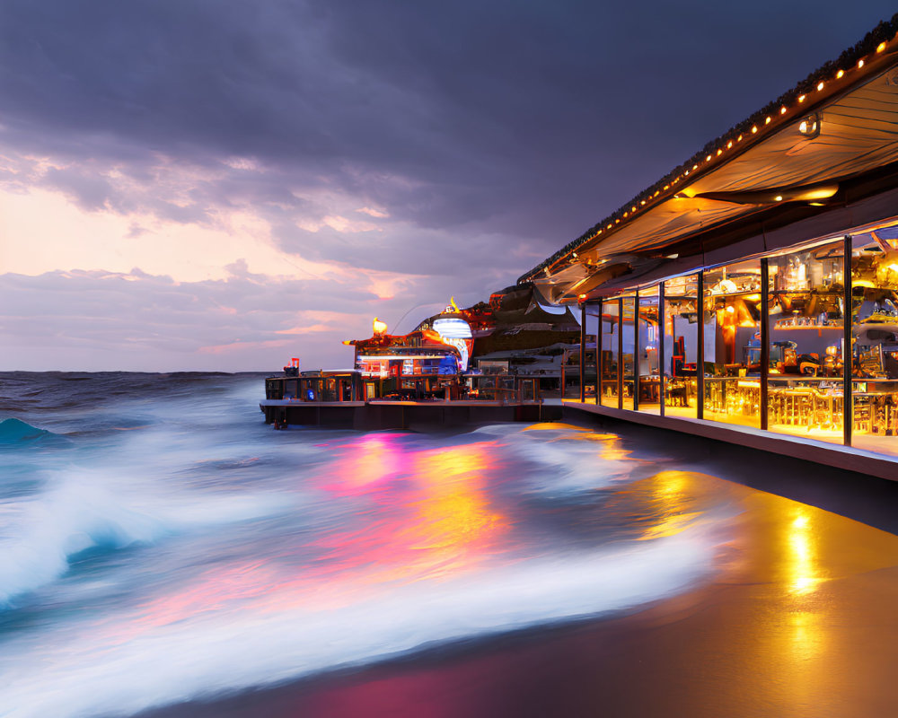 Coastal restaurant at twilight with illuminated interiors and string lights reflecting on wet shore.