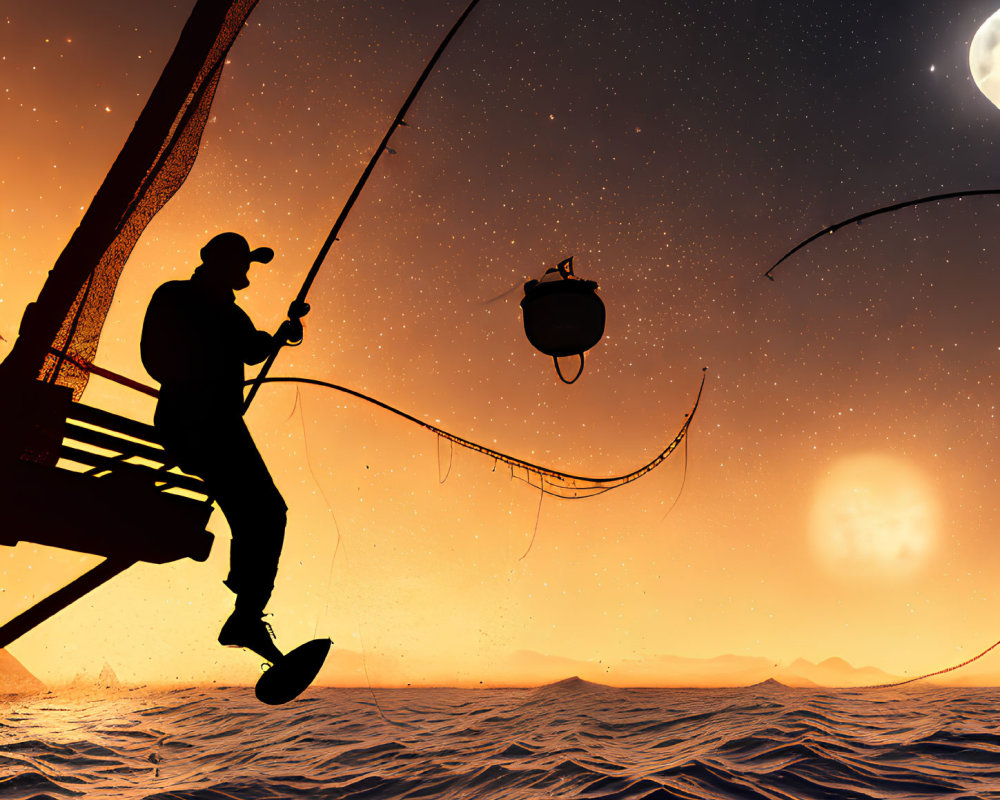 Silhouette of person fishing at sunset with surreal celestial backdrop