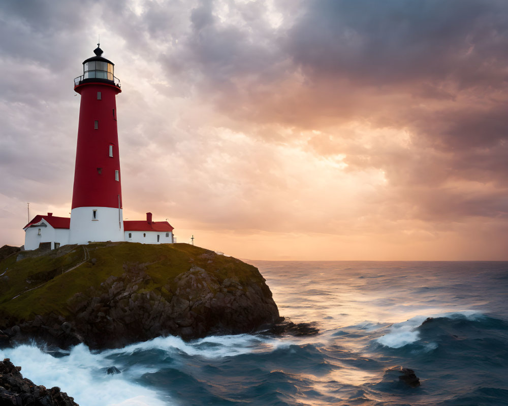 Majestic red and white lighthouse on rugged cliff at sunset