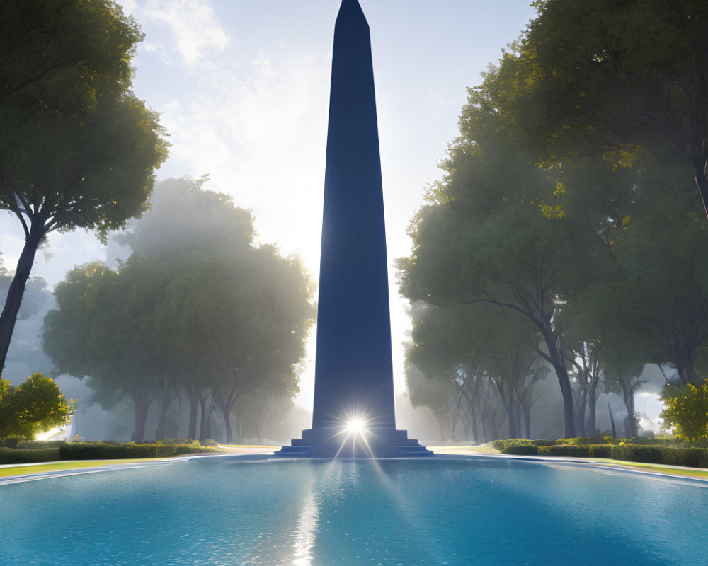 Dark Obelisk Surrounded by Trees, Sunburst, and Blue Pool