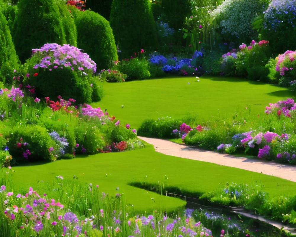 Vibrant flowers, manicured bushes, and winding path in sunny garden