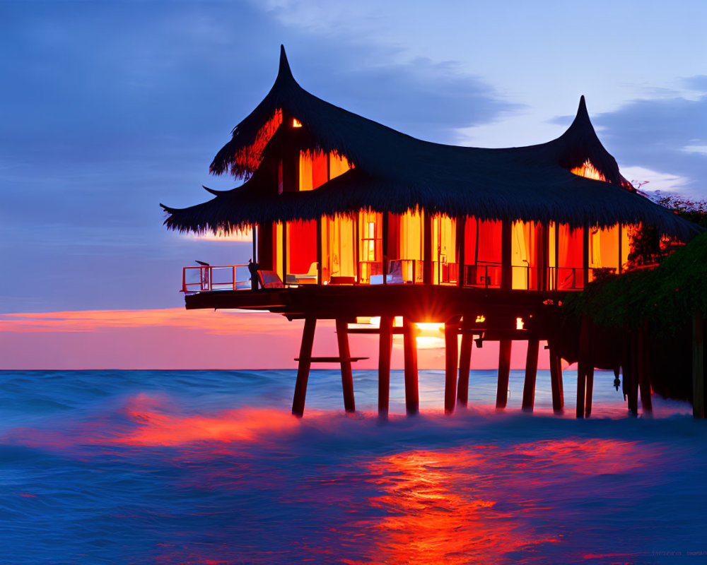 Thatched Roof Hut Over Ocean at Sunset with Orange and Blue Sky