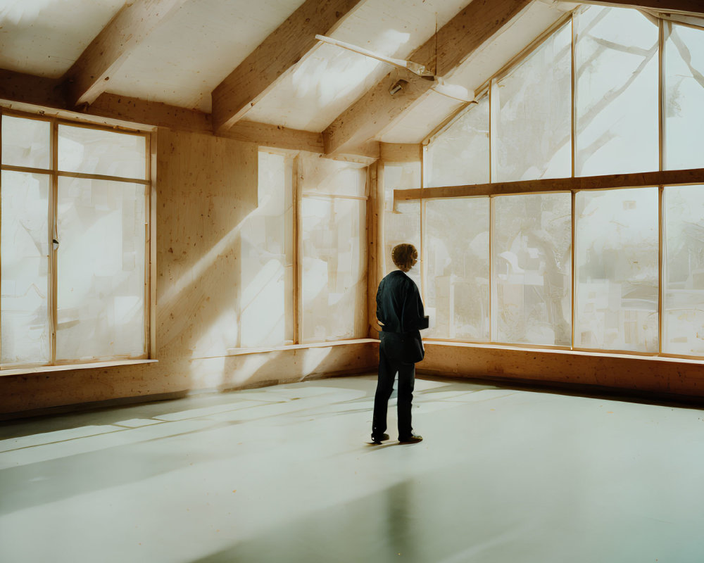 Spacious Room with Slanted Ceilings and Large Windows