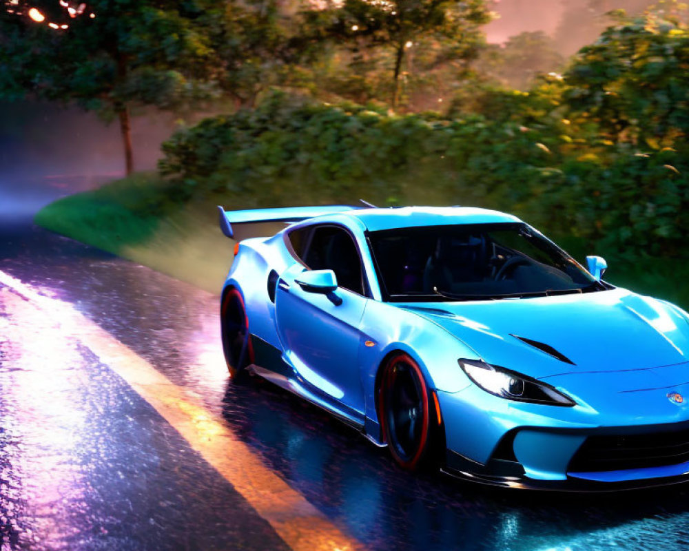 Blue sports car driving on wet road through lush greenery at sunset