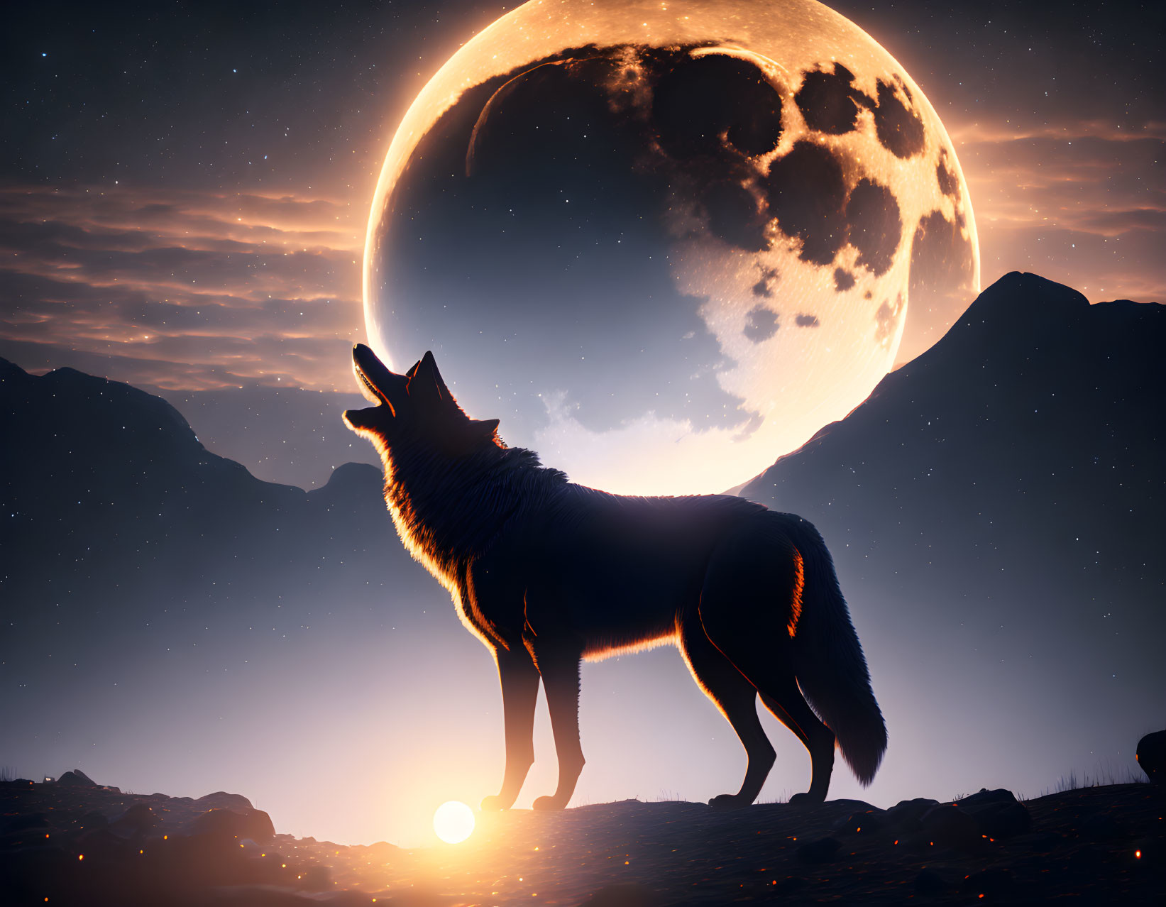 Wolf howling on rocky terrain under full moon in twilight sky