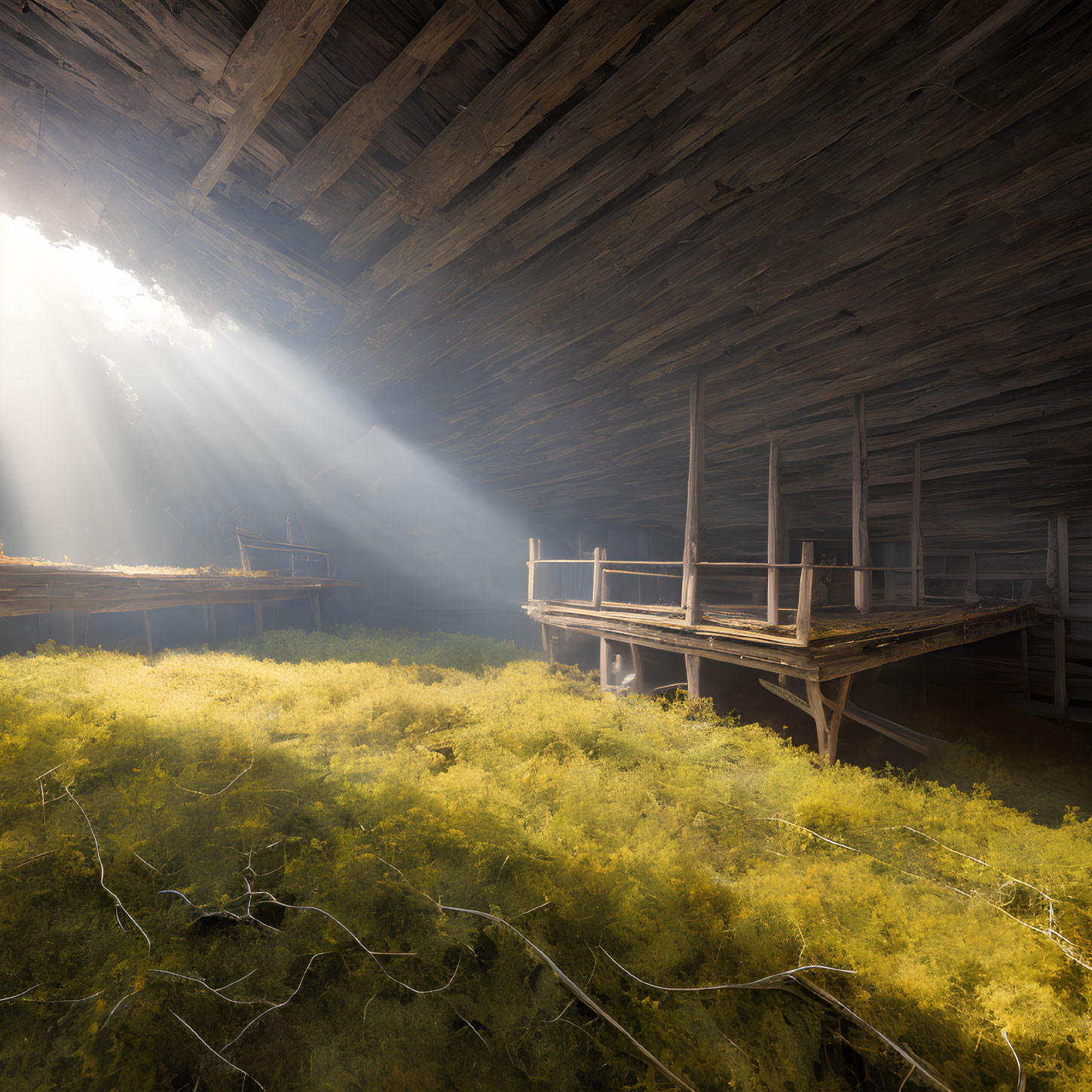 Sunbeams illuminate overgrown ferns in old wooden attic