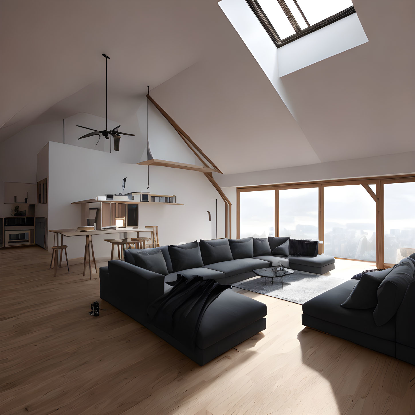 Contemporary living room with sectional sofa, wooden floors, pitched ceiling, skylights, and city