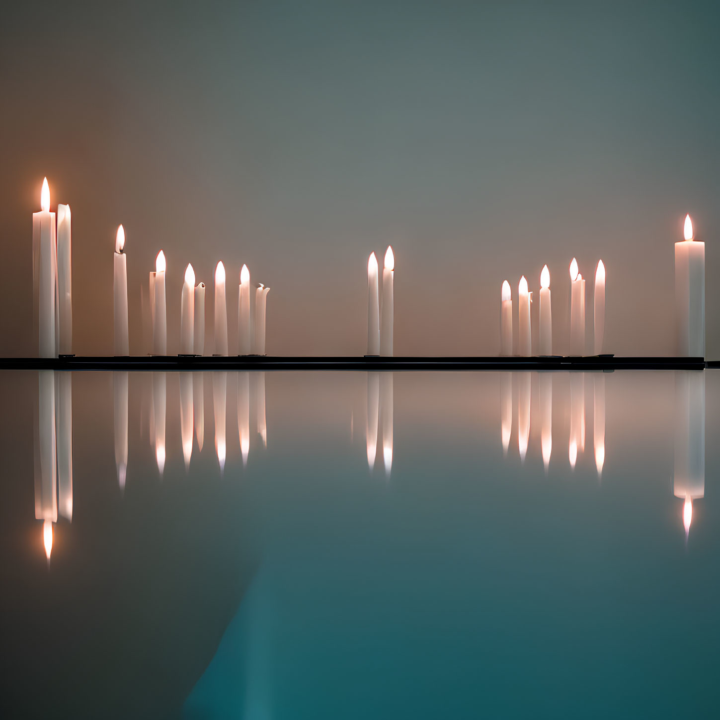 Row of Lit Candles Reflecting on Glossy Surface Against Blue Gradient Background