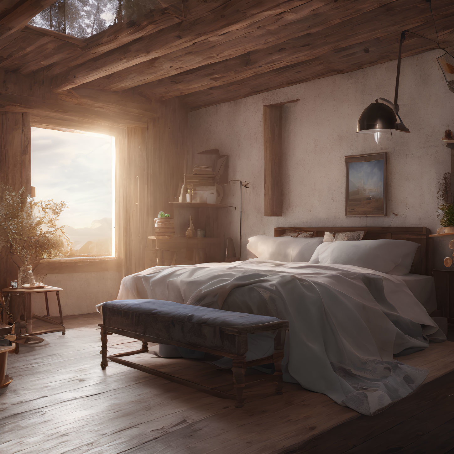 Cozy Rustic Bedroom with Sunlit Window & Wooden Beams