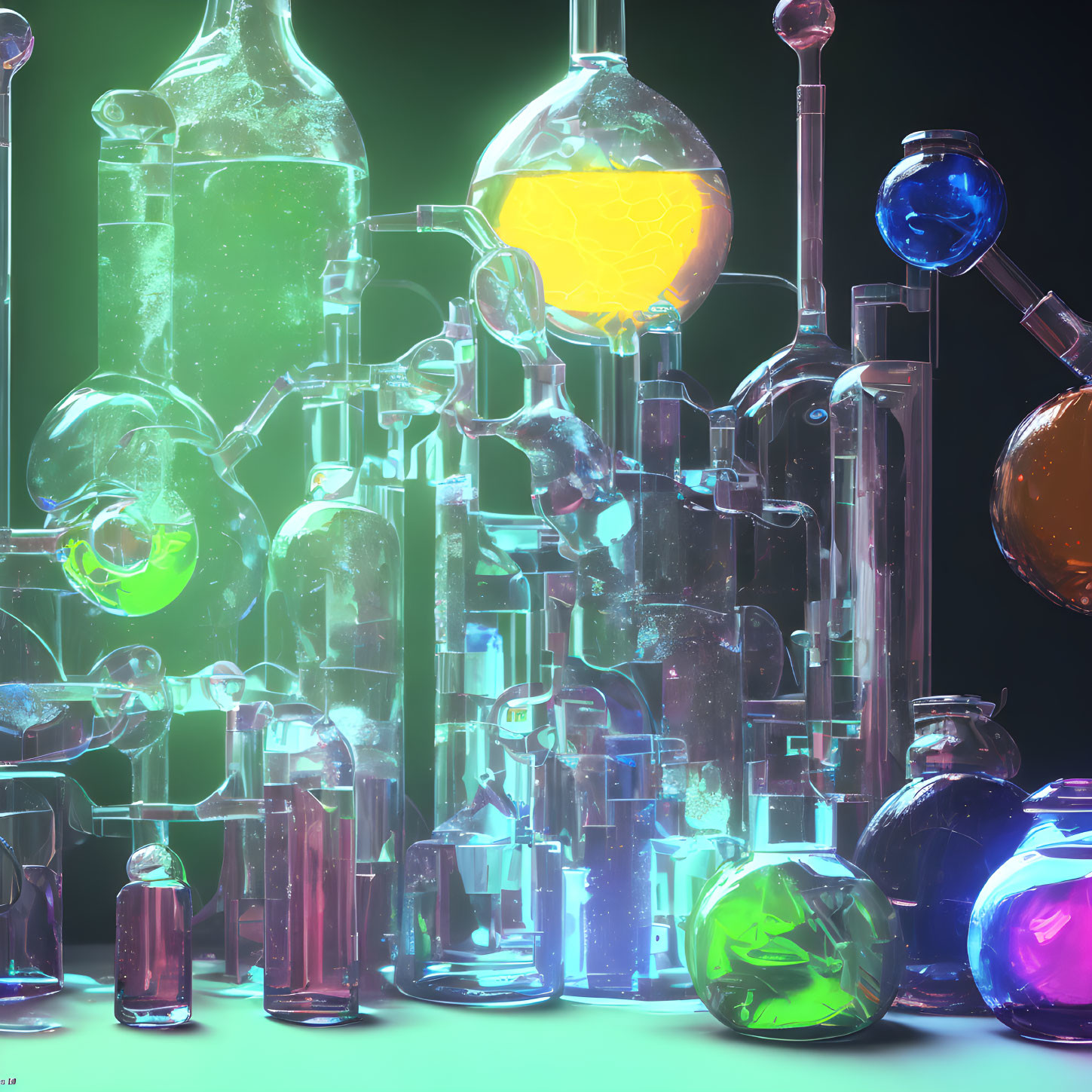 Colorful glowing glassware and chemical flasks interconnected with liquids under bright studio lighting