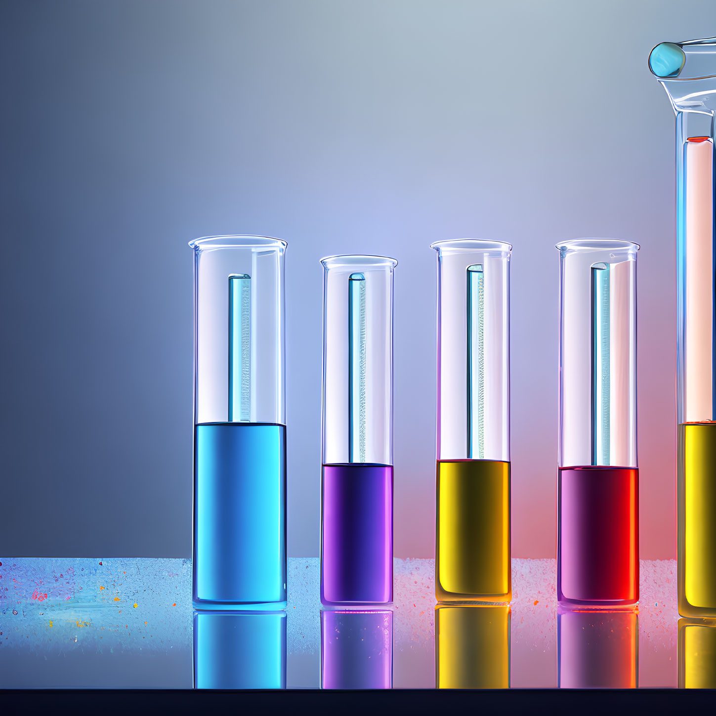 Colorful Liquids in Test Tubes with Pipette on Gradient Background