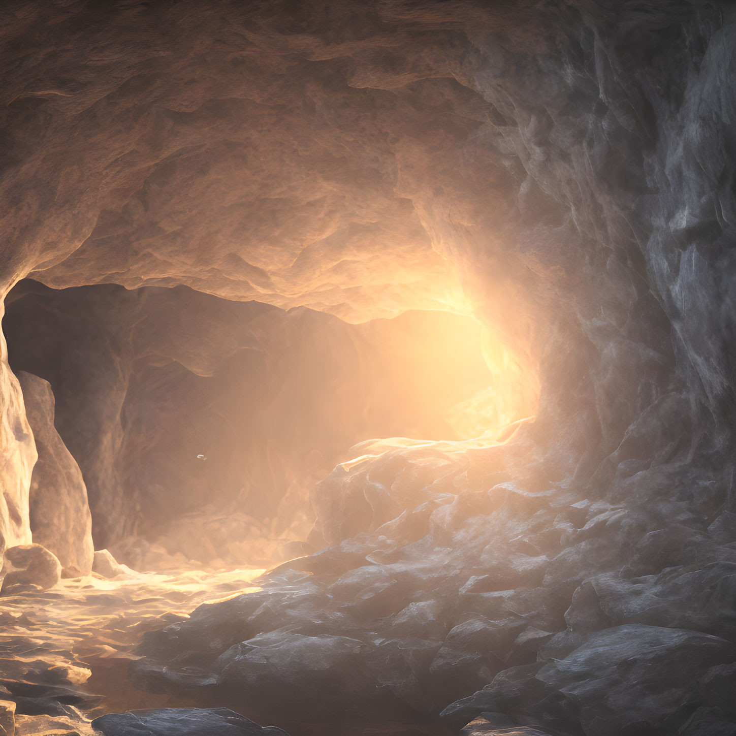 Sunlight illuminates rocky cave entrance and textured stone walls