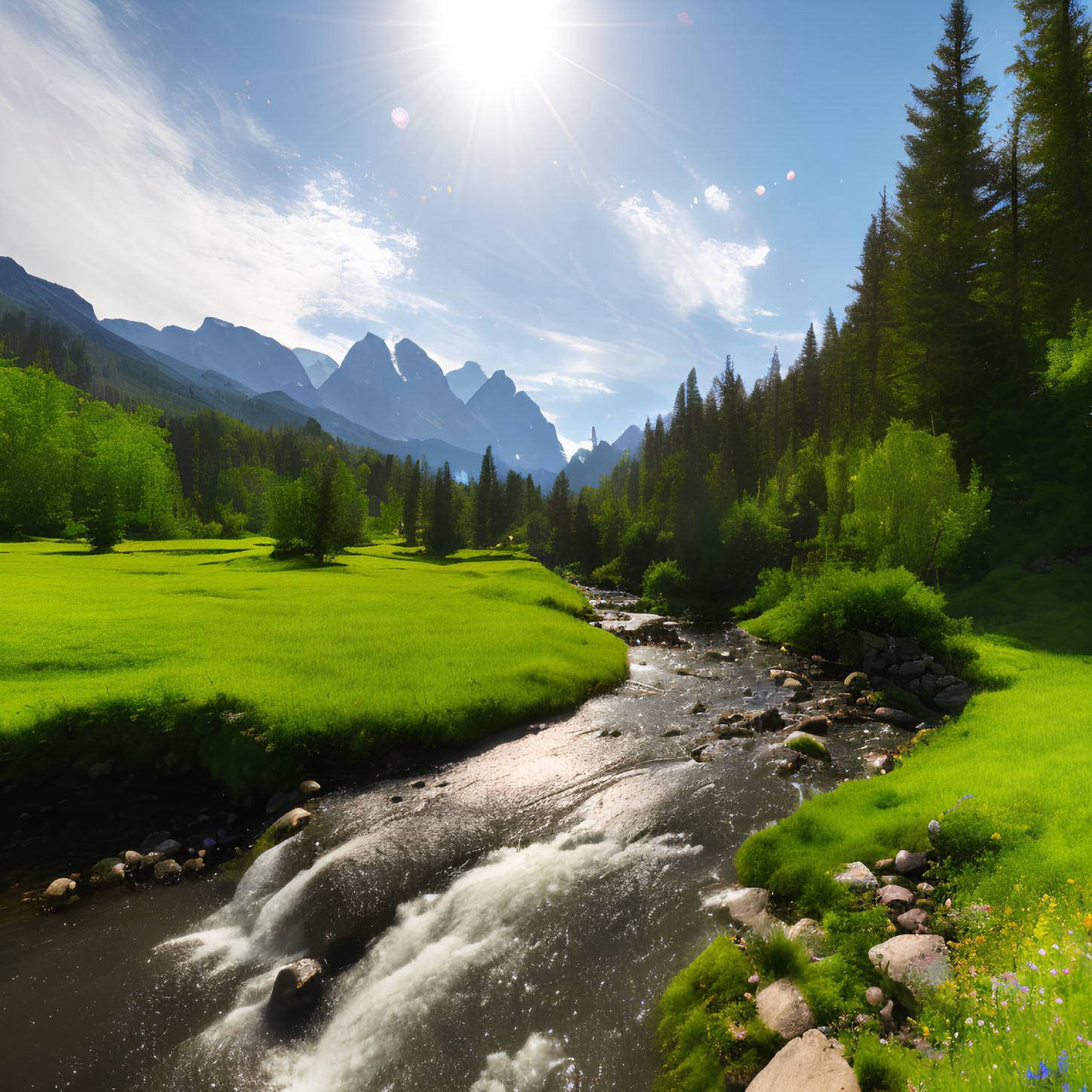 Scenic landscape: vibrant meadow, clear river, majestic mountains