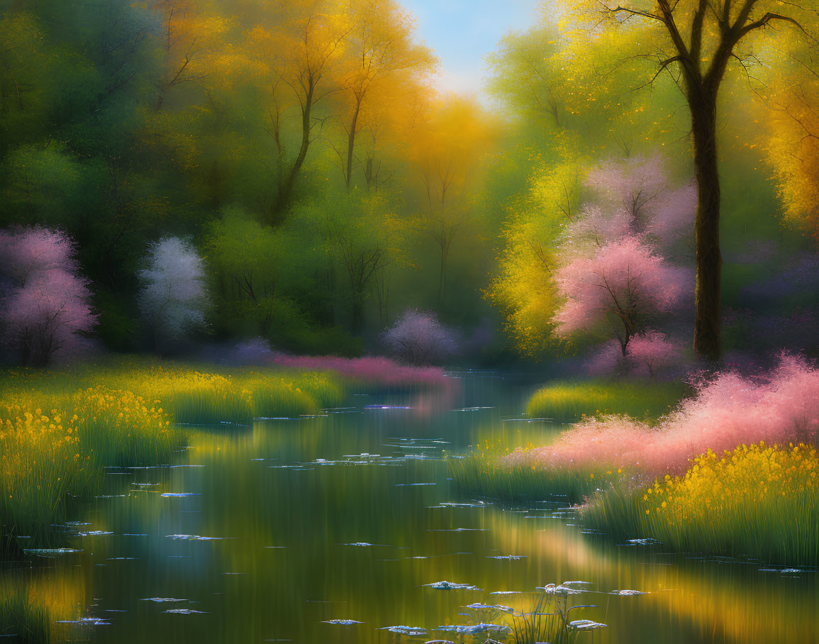 Tranquil spring landscape with blooming trees, wildflowers, river, and glowing sunlight