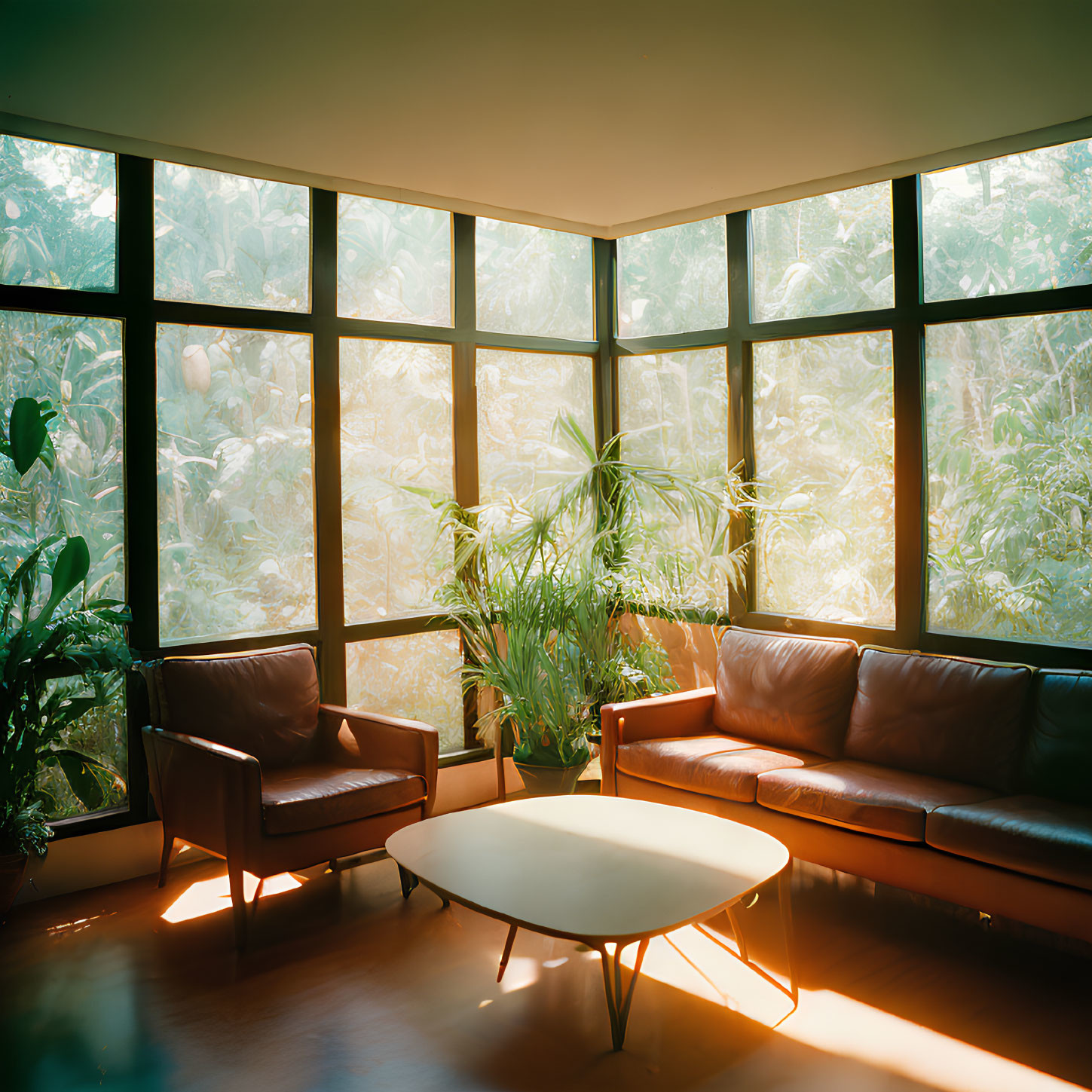 Sunlit room with glass walls, brown leather sofa, armchair, white coffee table & lush green