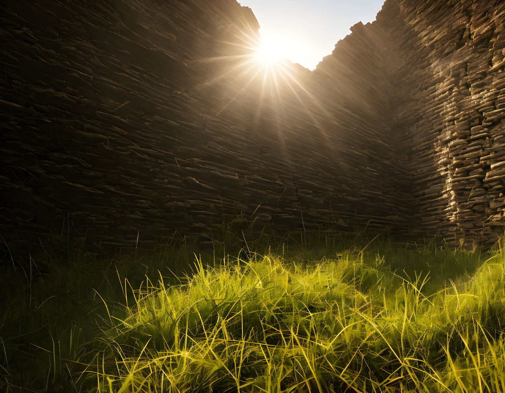 Sunlight illuminating rocky canyon walls and lush green grass